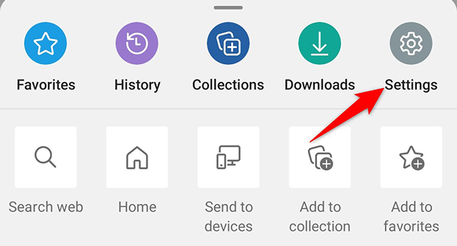 Пункт «Настройки» в мобильном меню Edge