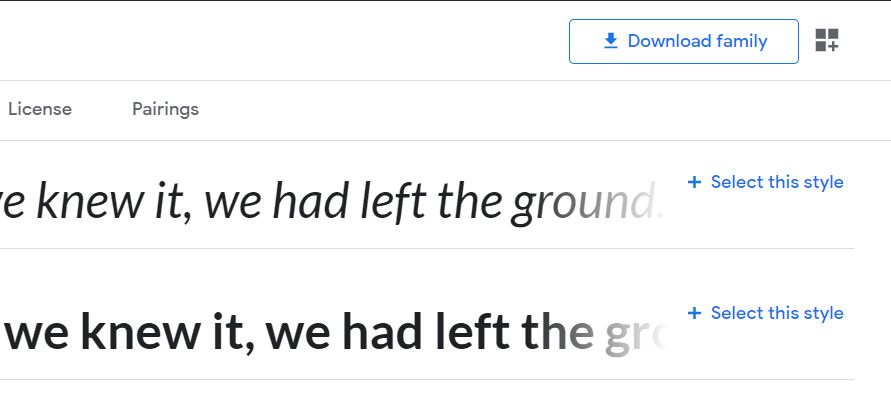 Страница Google Fonts с кнопкой загрузки семейства шрифтов
