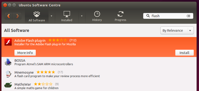 Поиск и установка плагина Adobe Flash для Firefox в центре приложений Ubuntu