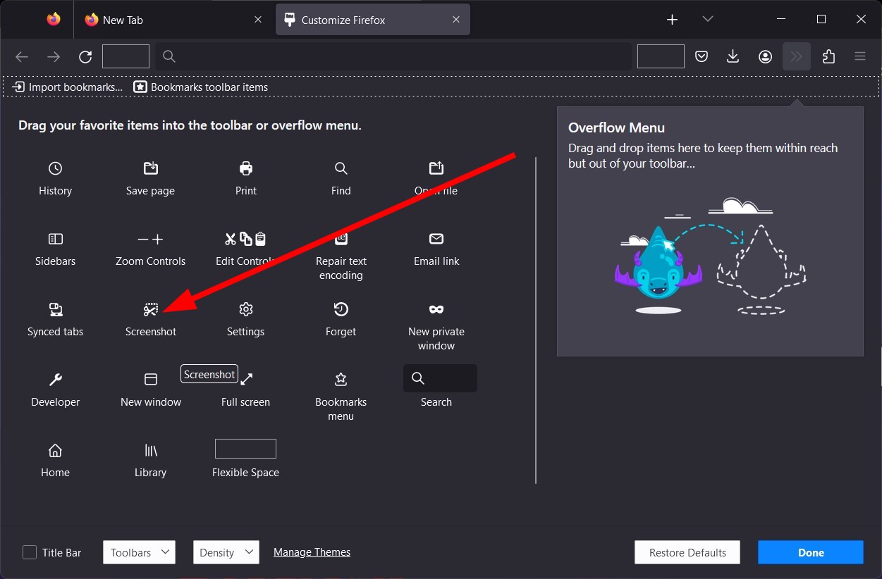 Перетаскивание иконки скриншота в Firefox