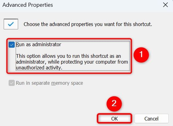 Выделены Опция Запуск от имени администратора и кнопка ОК в свойствах ярлыка Discord.