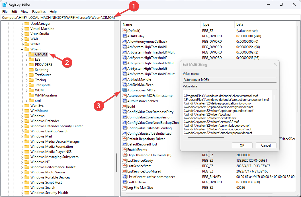 Параметр Autorecover MOFs в реестре