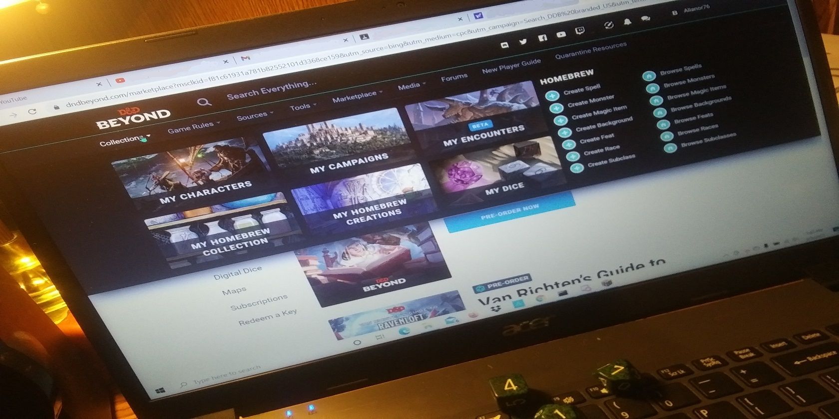 Инструменты D&D Beyond на панели