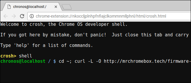 Терминал Chrome OS с командой для загрузки скрипта