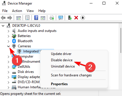 Параметр отключить устройство для веб-камеры в Диспетчере