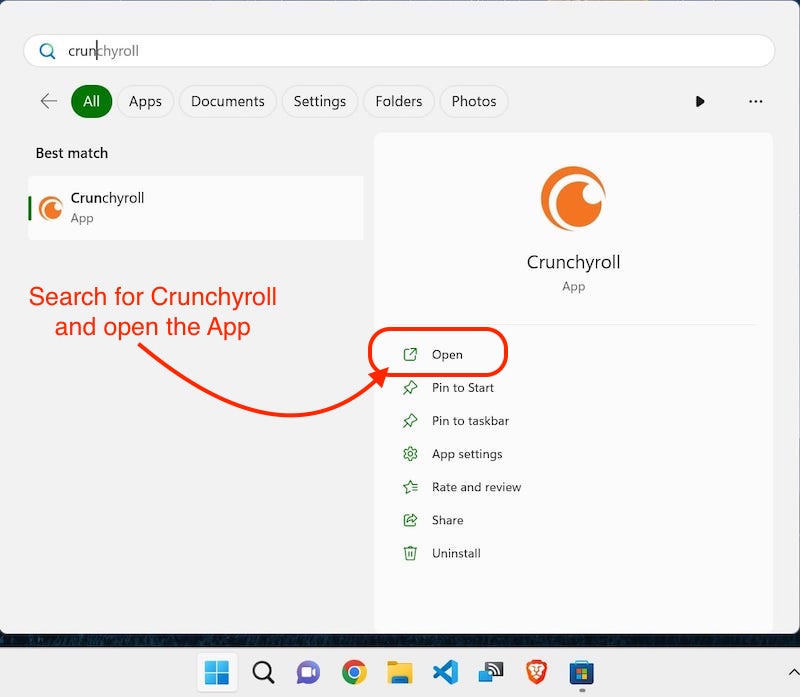 Поиск приложения Crunchyroll в Windows