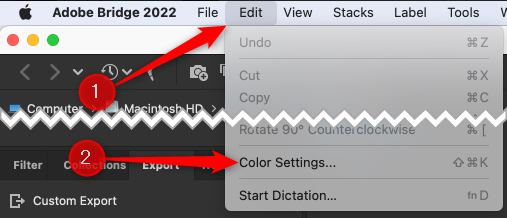 Открыть «Настройки цвета» в Bridge.