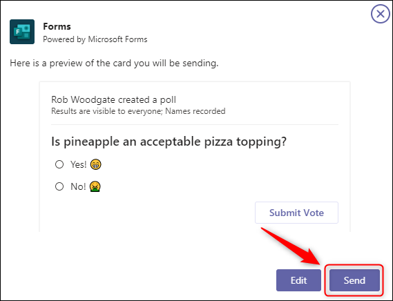 A preview of the poll in the Forms window.