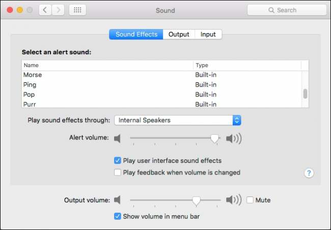 Список устройств и звуковых эффектов с ползунком громкости в macOS