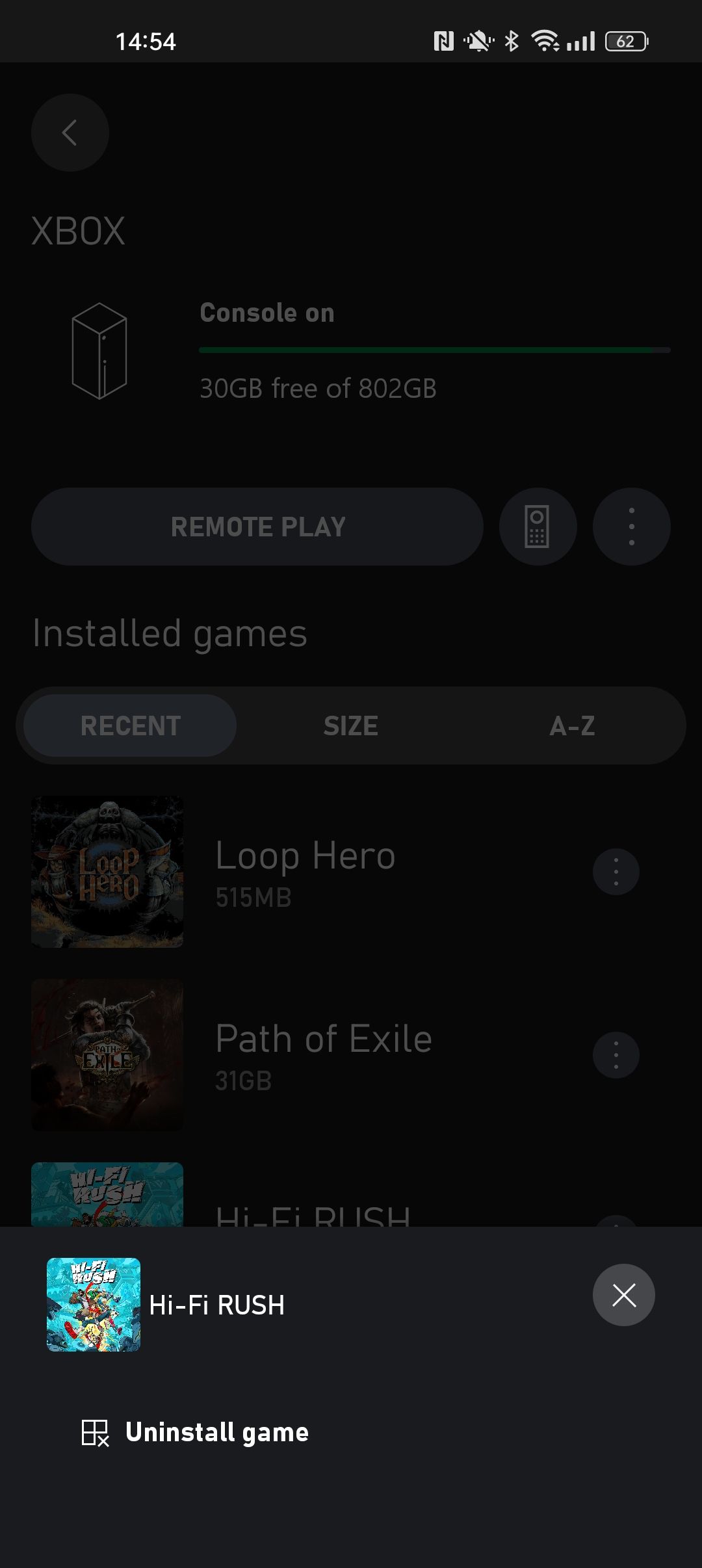Скриншот опции удаления игры в приложении Xbox