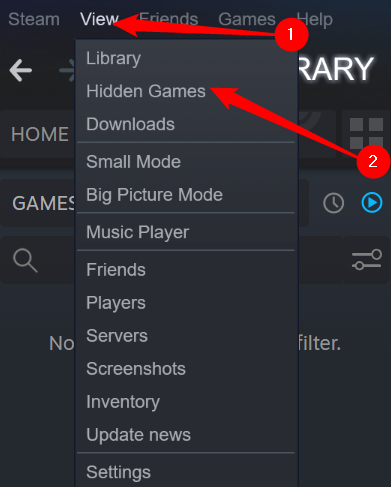 Нажмите «Вид», затем «Скрытые игры» чтобы увидеть скрытые элементы