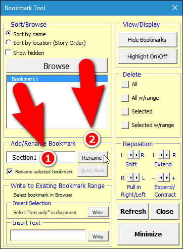 Ввод нового имени и нажатие Rename в Bookmark Tool