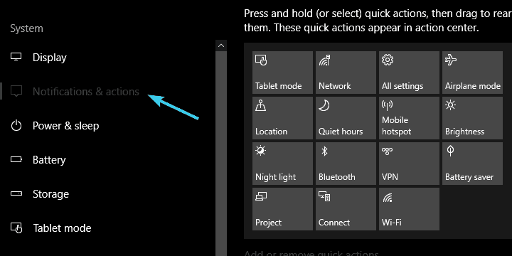 Секция «Уведомления и действия» в Параметрах Windows 10