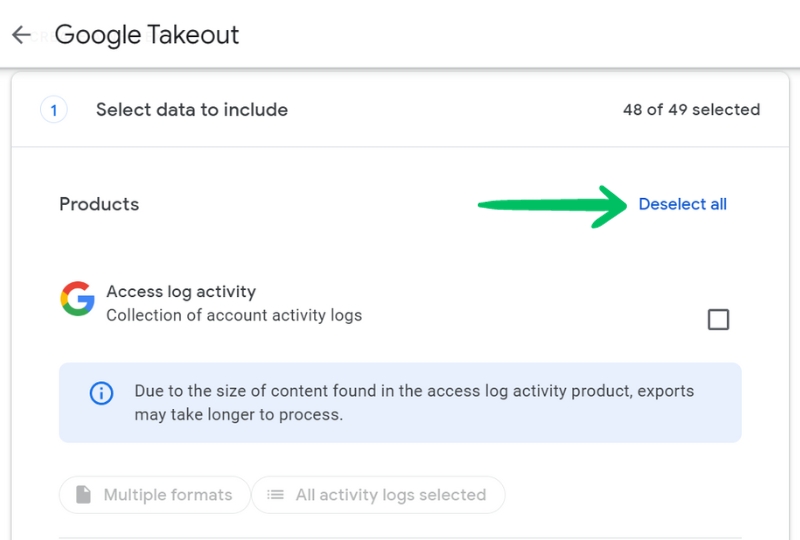 Выбор Google Photos в Google Takeout