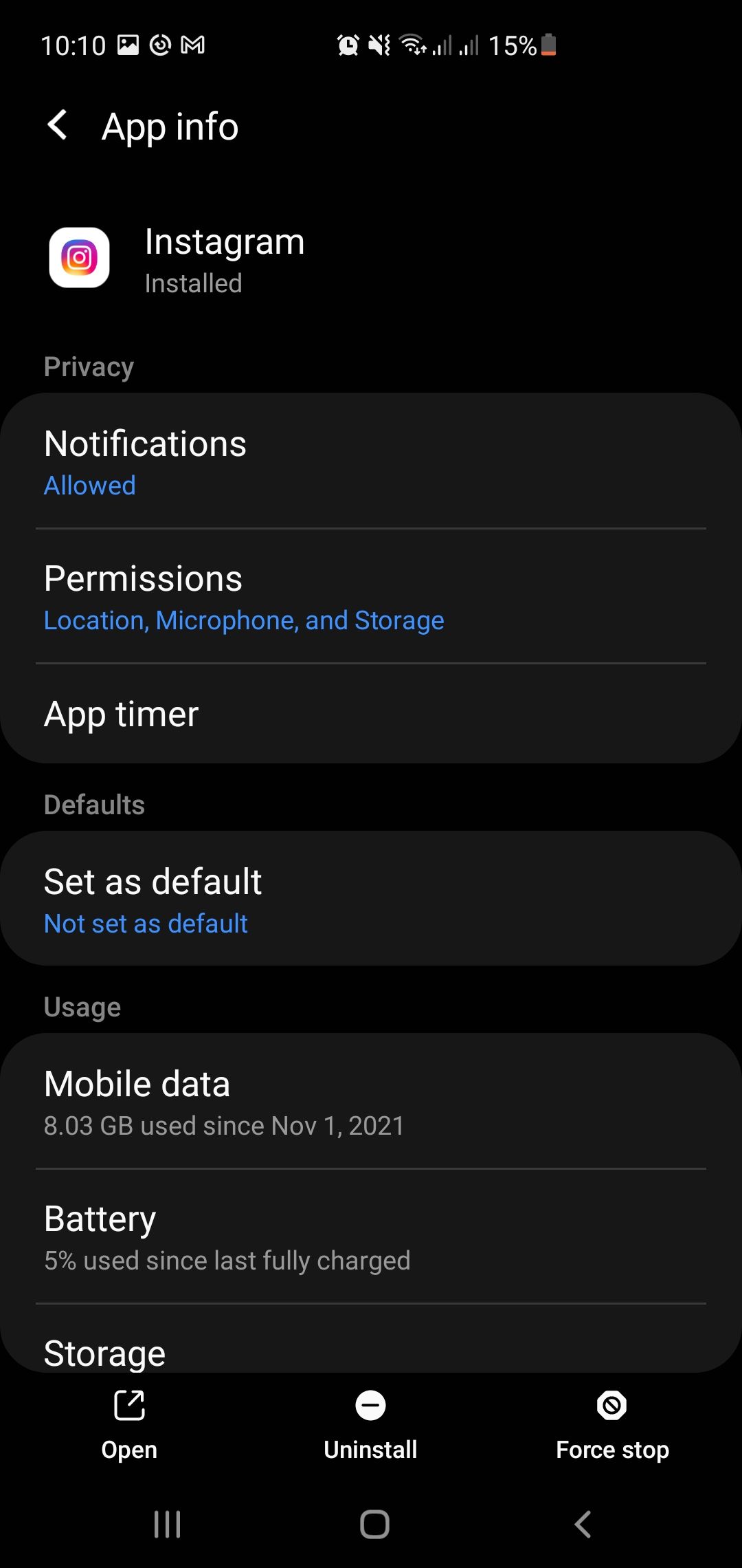 Instagram app info