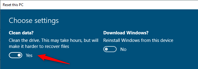 Переключатель «Очистить данные» в настройках Windows
