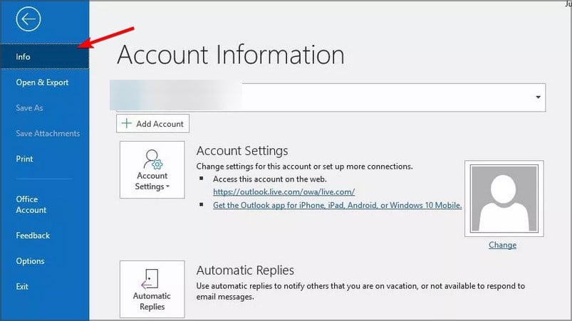 Страница «Информация» в Outlook