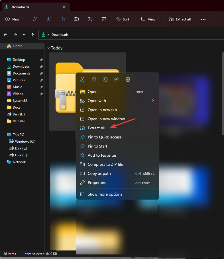 Окно «Извлечь всё» для распаковки архива