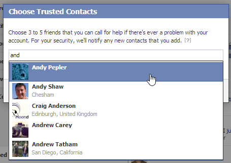 Добавление доверенных контактов — ввод имени и выбор из списка