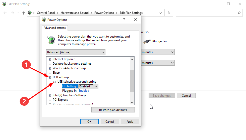 Настройки USB selective suspend