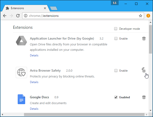 Скриншот менеджера расширений браузера с Avira Browser Safety