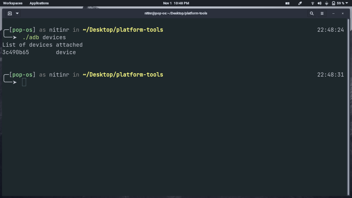 Вывод команды adb devices в терминале