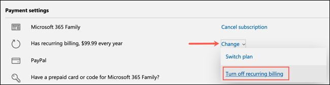 Скриншот: меню Change с опцией Turn Off Recurring Billing