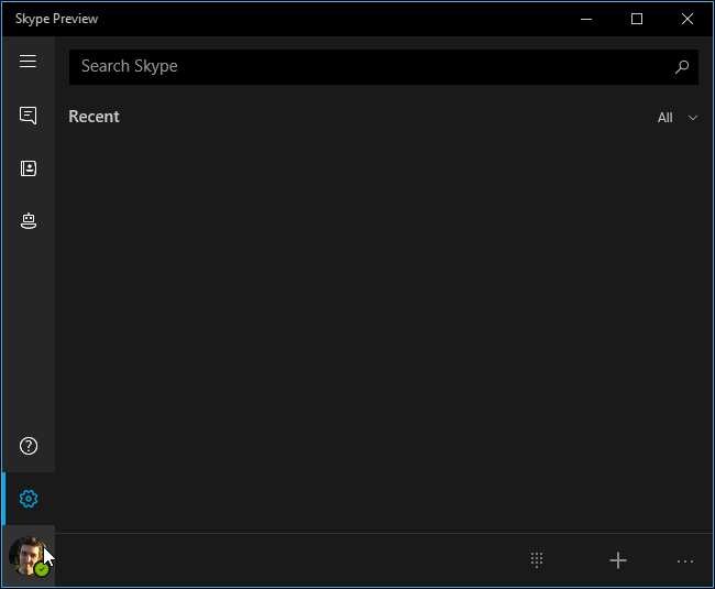 Панель аккаунта Skype Preview с иконкой профиля в левом нижнем углу
