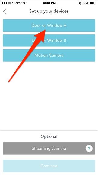 Начало настройки датчика двери/окна в приложении