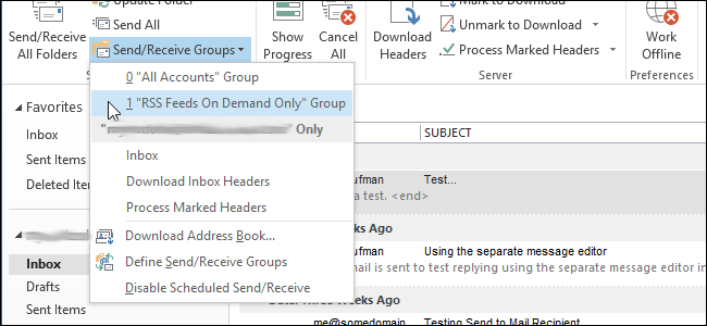 Создать группу отправки/получения RSS в Outlook 2013