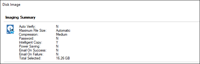 Сводка параметров перед запуском создания образа диска