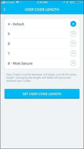 Подтверждение установки длины кода в приложении