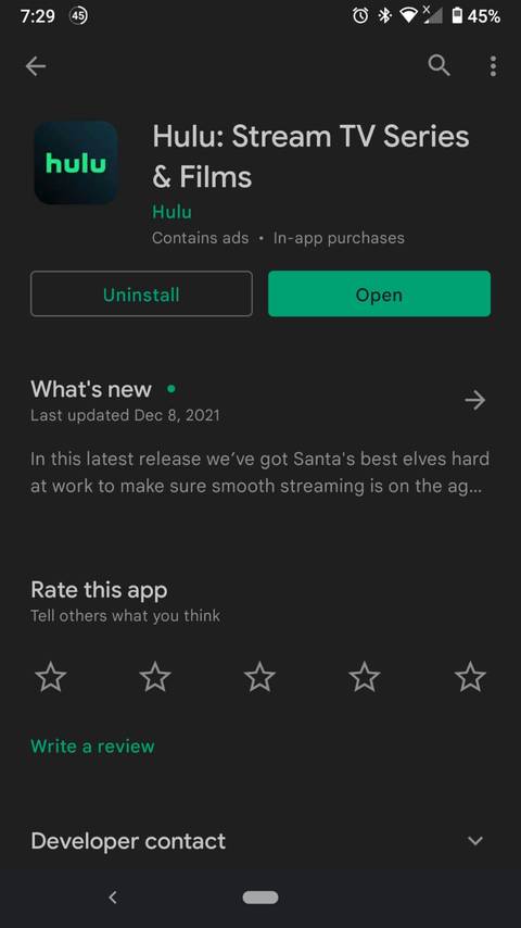 Страница приложения Hulu в магазине — пример страницы для обновления/переустановки