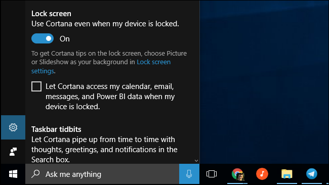 Параметры Cortana на экране блокировки и переключатель доступа