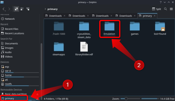 Откройте папку Emulation на SD‑карте через Dolphin, чтобы найти папку roms