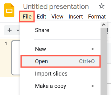 Выберите Файл, Открыть в меню Google Slides.