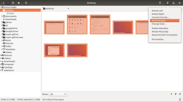Меню Tools в gThumb и опция Resize Images