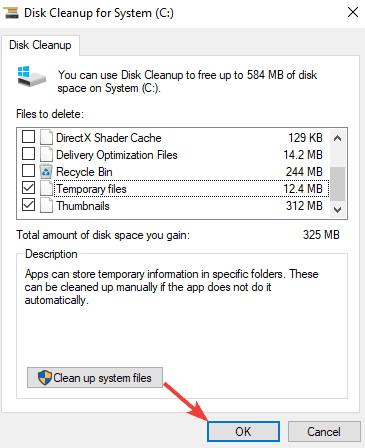скриншот: Выбор временных файлов в Очистке диска