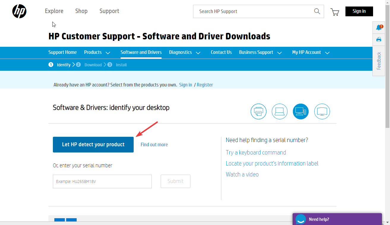 Кнопка для автоматического обнаружения модели на сайте HP