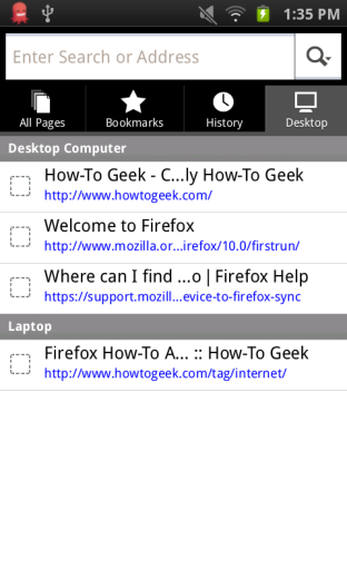 Просмотр вкладок с других устройств в мобильном Firefox