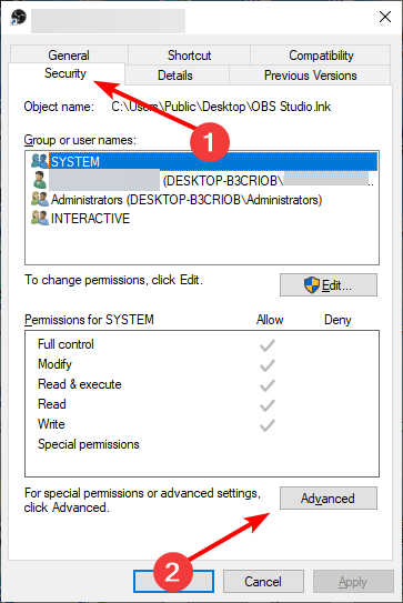 Скриншот окна Дополнительных параметров безопасности