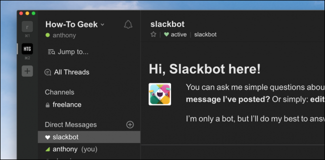 Скриншот: главный интерфейс Slack с применённой тёмной темой