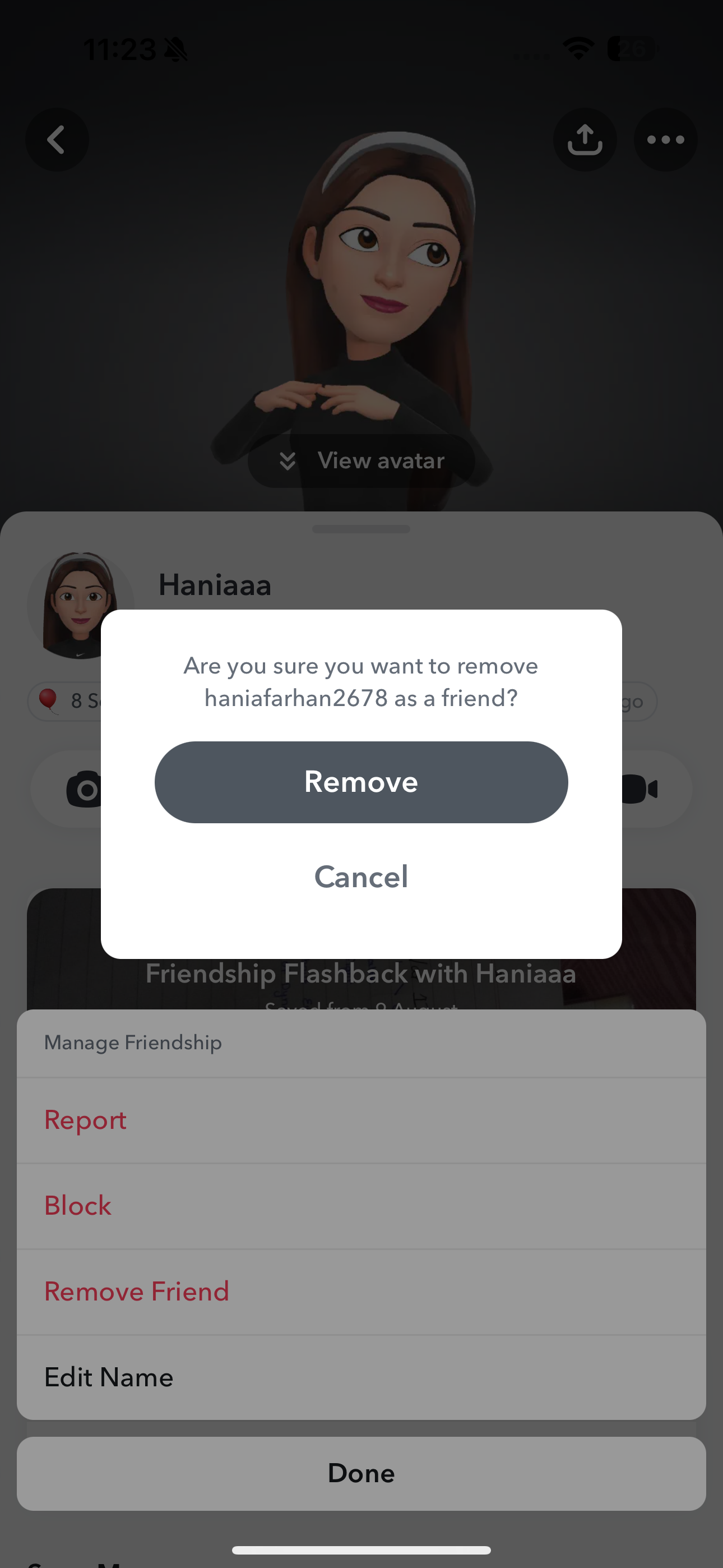 Prompt asking to confirm if you'd like to remove a friend on Snapchat