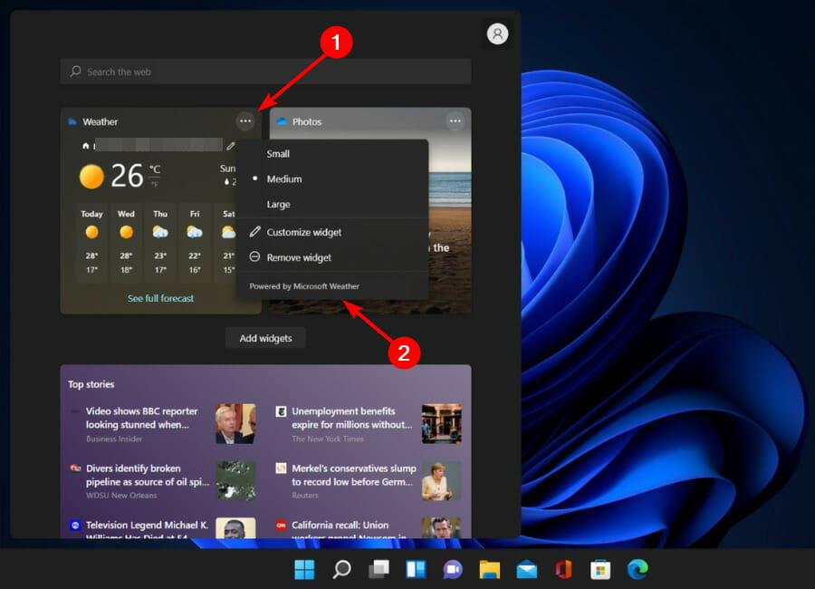 Подпись Powered by Microsoft Weather в погодном виджете