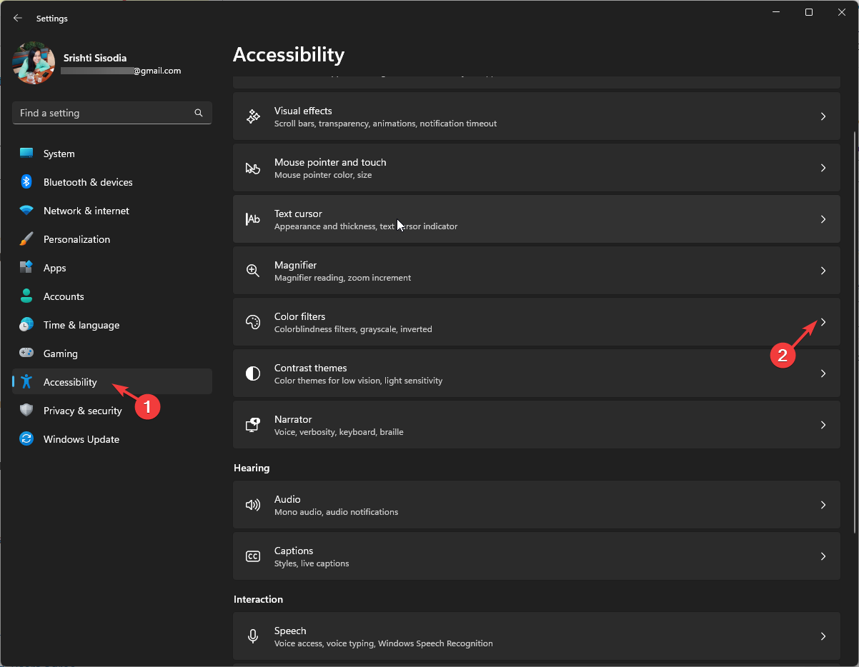 Параметры доступности и цветовых фильтров в Windows 11