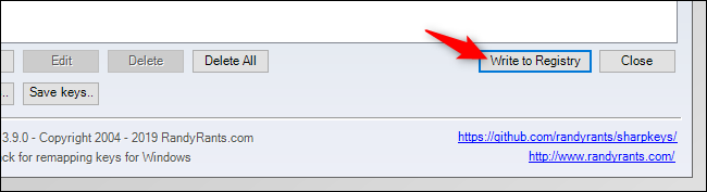 Кнопка «Write to Registry» в SharpKeys