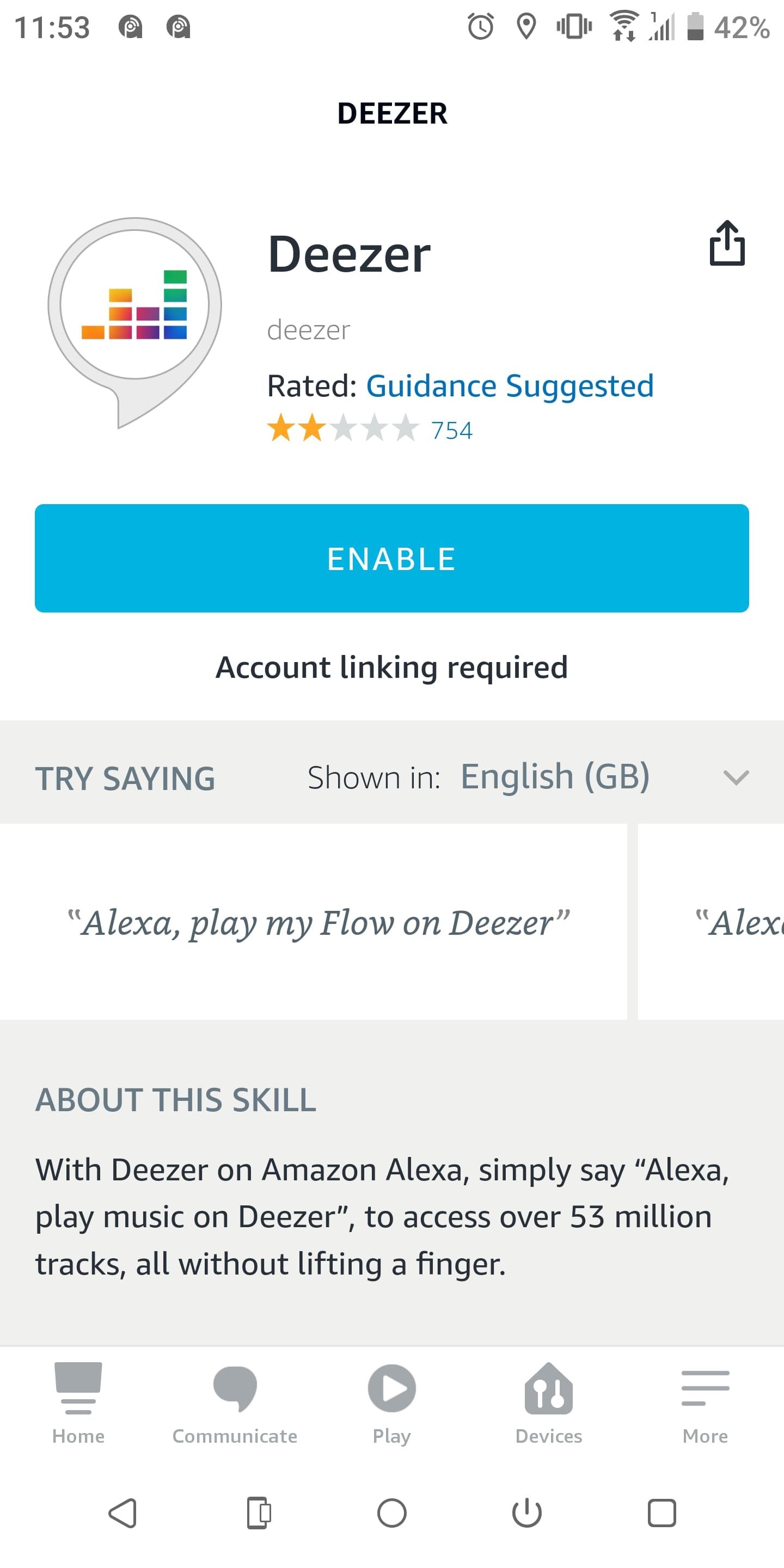 Включение навыка Deezer в Alexa