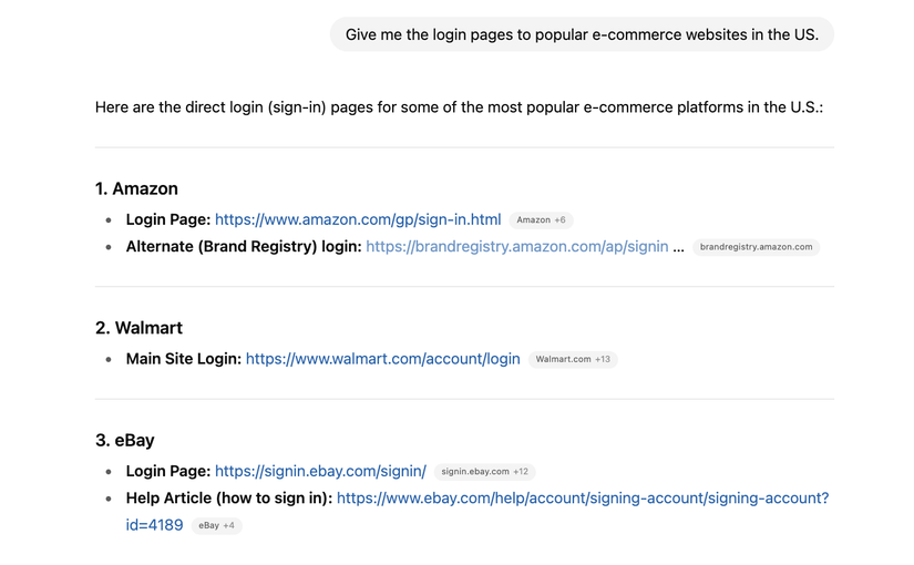 Запрос ChatGPT с просьбой показать страницы входа известных брендов.