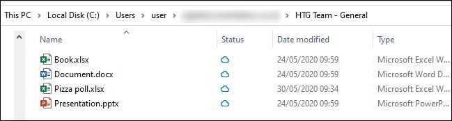 Синхронизированная папка в OneDrive, отображающая название команды и канала.