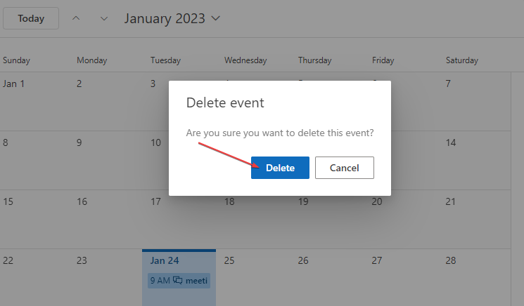 Диалог подтверждения удаления календаря в Outlook веб